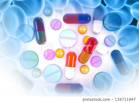 Pills, tablets, capsules on abstract medical background 138711947