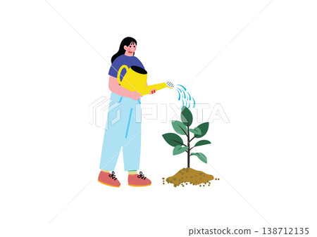 An illustration of a woman watering a tree with a watering can. An illustration of a woman watering a tree with a watering can. 138712135