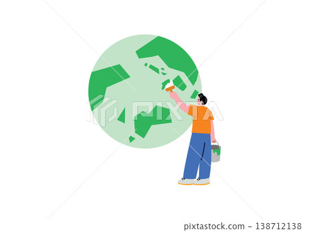 一幅描繪一個人試圖增加地球上綠化面積的插圖。 138712138