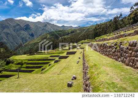 Inca archaeological site of Chinchero with terraces and mountain backdrop 138712242