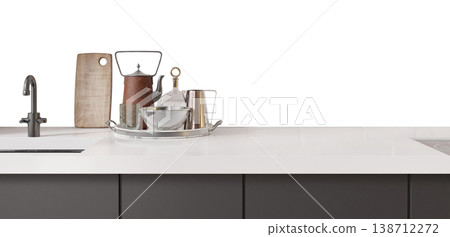 Various kitchen items including pots, bowls, and utensils are neatly arranged on a countertop. The setting is uncluttered with a bright background that highlights the objects Various kitchen items including pots, bowls, and utensils are neatly arranged on a countertop. The setting is uncluttered with a bright background that highlights the objects 138712272