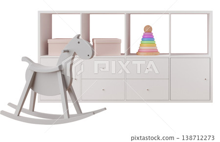 A rocking horse stands next to a storage unit that holds colorful stacking toys. This scene represents a children's play area with organized storage A rocking horse stands next to a storage unit that holds colorful stacking toys. This scene represents a children's play area with organized storage 138712273