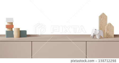 The sideboard features a combination of wooden toys and blocks in various shapes and colors. This setup is ideal for a kids room. The clean background emphasizes the objects The sideboard features a combination of wooden toys and blocks in various shapes and colors. This setup is ideal for a kids room. The clean background emphasizes the objects 138712298