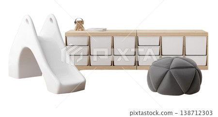 A kids room featuring a slide, a storage unit with drawers, and a soft ottoman. These elements create a playful and functional space for children to enjoy and explore 138712303
