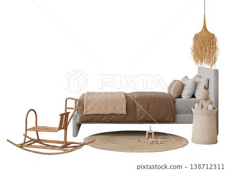 Decorating a kids room with a bed, a rocking chair, and a round rug creates a functional space. The toys are arranged neatly for easy access during playtime Decorating a kids room with a bed, a rocking chair, and a round rug creates a functional space. The toys are arranged neatly for easy access during playtime 138712311