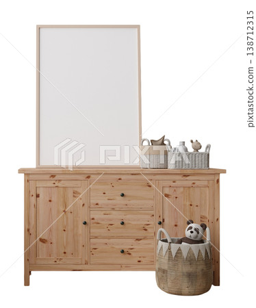 The scene shows kids room furniture including a cabinet, a storage basket, and a blank picture frame. The elements are isolated on a clear background for focus and clarity The scene shows kids room furniture including a cabinet, a storage basket, and a blank picture frame. The elements are isolated on a clear background for focus and clarity 138712315