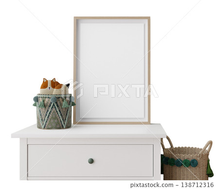 Kids room furniture featuring an empty picture frame on a dresser, with a decorative basket holding stuffed toys beside it. Both items are on a clear background Kids room furniture featuring an empty picture frame on a dresser, with a decorative basket holding stuffed toys beside it. Both items are on a clear background 138712316
