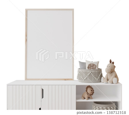 A collection of kids room furniture featuring a white cabinet with empty picture frame and various toys including a lion, a horse, and decorative baskets on surfaces 138712318