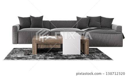 This setup features a gray sofa with pillows, a wooden coffee table, and a soft rug on a clear background. The design shows a modern living space ideal for relaxation This setup features a gray sofa with pillows, a wooden coffee table, and a soft rug on a clear background. The design shows a modern living space ideal for relaxation 138712320