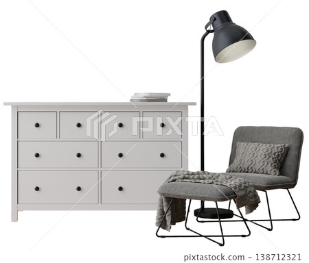 A dresser with multiple drawers stands next to a modern floor lamp and a cozy chair. The arrangement highlights furniture pieces that can enhance interior settings for various rooms in a home A dresser with multiple drawers stands next to a modern floor lamp and a cozy chair. The arrangement highlights furniture pieces that can enhance interior settings for various rooms in a home 138712321