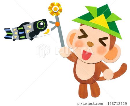 Children's Day: Baby monkey holding a carp streamer - Collage character illustration C Children's Day: Baby monkey holding a carp streamer - Collage character illustration C 138712529