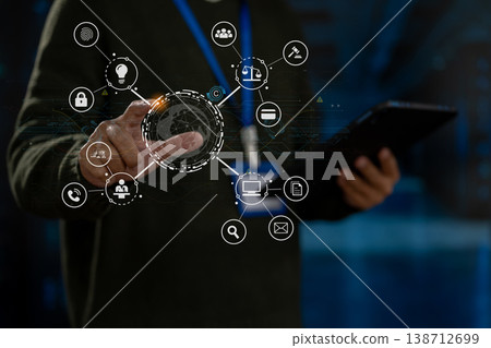 Copyright or patent concept, Person hand using tablet  with virtual screen copyright icon trademark, Creation ownership against piracy. 138712699