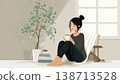 Woman Sitting on Floor in Minimalist Room with Plants 138713528