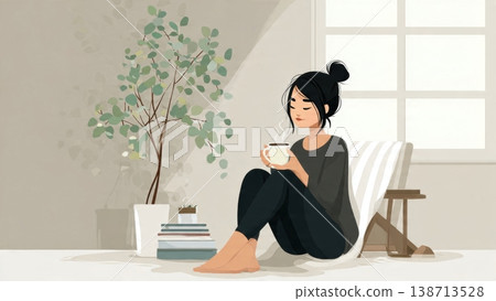 Woman Sitting on Floor in Minimalist Room with Plants 138713528