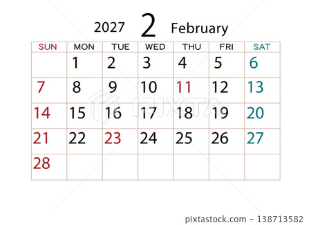 2027 Calendar February (2) 2027 Calendar February (2) 138713582