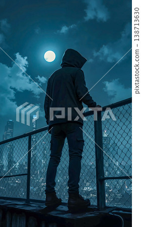 Hooded Figure Overlooking City Skyline at Night with Full Moon. 138713630