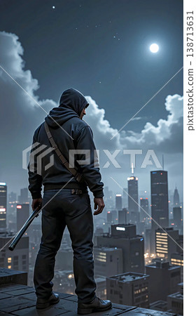 Hooded Figure Standing on City Rooftop at Night. 138713631