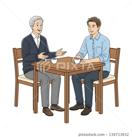 An illustration (hand-drawn style, white background) of a senior man talking across from a young man the age of his son in a cafe. 138713632