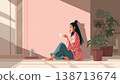 Woman Relaxing on Sofa in Minimalist Living Room 138713674