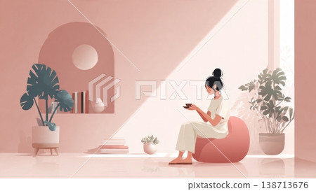 Woman Enjoying Coffee in Aesthetic Pink Room 138713676
