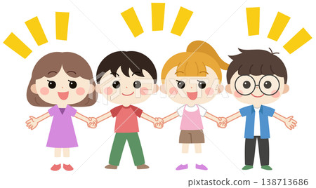 孩子們手牽手，臉上帶著笑容的插圖。 138713686