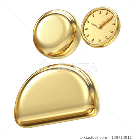 Golden user profile icon with clock symbol representing account history or pending status, Luxurious metallic finish perfect for time management and activity tracking interface design Golden user profile icon with clock symbol representing account history or pending status, Luxurious metallic finish perfect for time management and activity tracking interface design 138713911