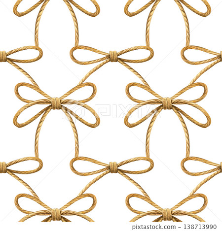Watercolor seamless pattern of twisted rope tied into repeating bows. Realistic hand-painted style. Ideal for frames, packaging edges, invitations, textiles and nautical-themed designs 138713990