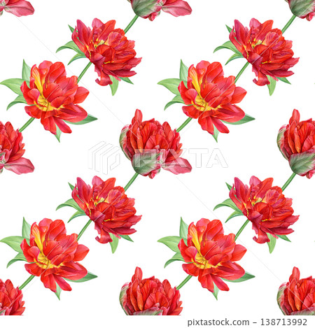 Seamless diagonal pattern of red double tulips with green leaves on white. Ideal for textiles, wrapping paper, branding, wallpapers and spring-themed designs 138713992