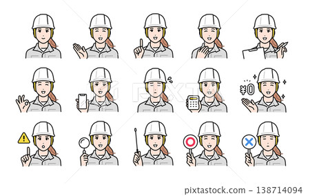 一組適合年輕女工戴安全帽的商務臉部表情。 138714094