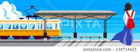 Springtime Travel Illustration with Coastal View Cycling and Railway Springtime Travel Illustration with Coastal View Cycling and Railway 138714425