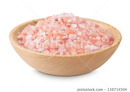 Pink Himalayan salt in wooden bowl isolated on white background with full depth of field 138714504