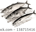 Ink painting illustration of fresh fish lined up on a bamboo mat 138715416