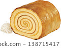 A beautiful dessert with a golden-colored roll cake cross-section and a swirling pattern. 138715417