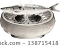 Ink painting illustration of saury being grilled over charcoal 138715418