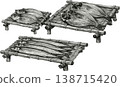 An illustration of dried horse mackerel and saury lined up on a bamboo drying rack. 138715420