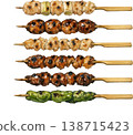 Assorted grilled chicken skewers, watercolor painting, Japanese food, izakaya menu. 138715423