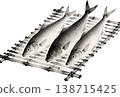 A traditional Japanese food illustration featuring three dried fish in ink painting. 138715425