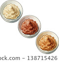 Watercolor illustrations of three types of miso (white miso, red miso, and mixed miso) 138715426