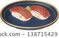 Beautiful tuna nigiri sushi and wasabi served on a navy blue plate, a testament to the traditional beauty of Japanese cuisine. 138715429