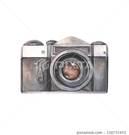 Hand-painted watercolor illustration of vintage compact camera isolated on white background. Perfect for tourism branding, blogs, packaging, posters, photography projects, lifestyle, hipster design 138715433