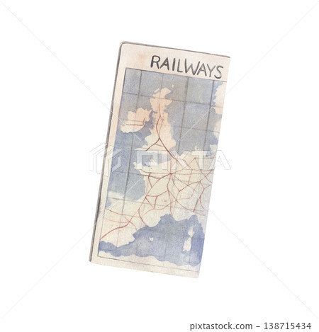 Hand-painted watercolor illustration of a vintage railway map isolated on white background. Nostalgic travel element ideal for tourism branding, posters, blogs, packaging, adventure, train design 138715434