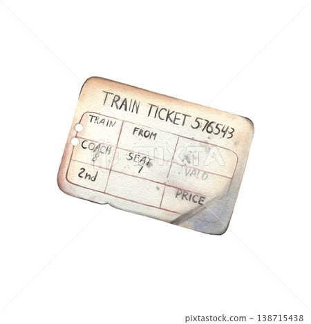 Hand-painted watercolor illustration of wrinkled vintage train ticket isolated on white background. Nostalgic travel element perfect for tourism branding, posters, packaging, blog, storytelling design 138715438