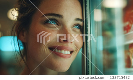 Woman smiles at store window Woman smiles at store window 138715482
