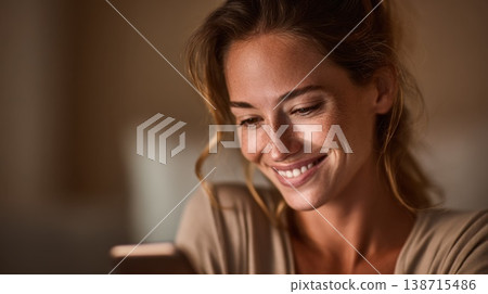 Woman smiles while looking at phone Woman smiles while looking at phone 138715486