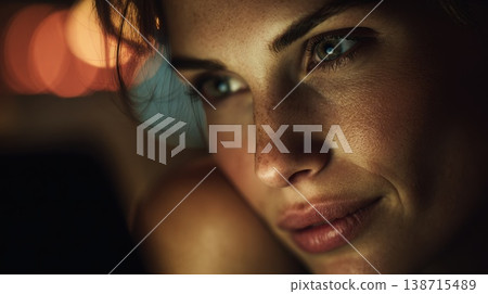 Woman looking at lights in the dark Woman looking at lights in the dark 138715489