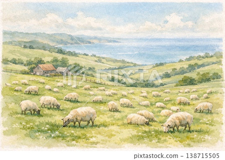 Pasture scenery, sheep, sea, hills, watercolor style. 138715505