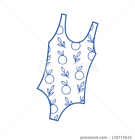 Blue outline swimsuit icon with orange fruit pattern isolated on white background, summer swimwear vector illustration for fashion design 138715632