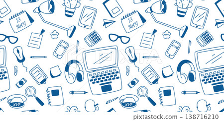 Seamless pattern workspace of office worker, student, or freelancer in blue ink 138716210