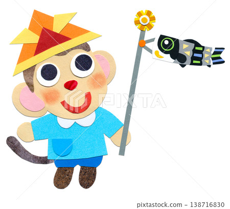 Children's Day: A baby monkey in a smock holding a carp streamer - Collage character illustration A Children's Day: A baby monkey in a smock holding a carp streamer - Collage character illustration A 138716830