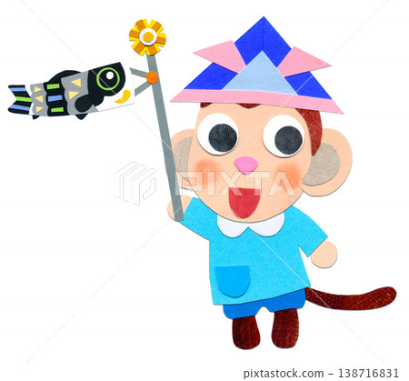 Children's Day: A baby monkey in a smock holding a carp streamer - Collage character illustration B Children's Day: A baby monkey in a smock holding a carp streamer - Collage character illustration B 138716831